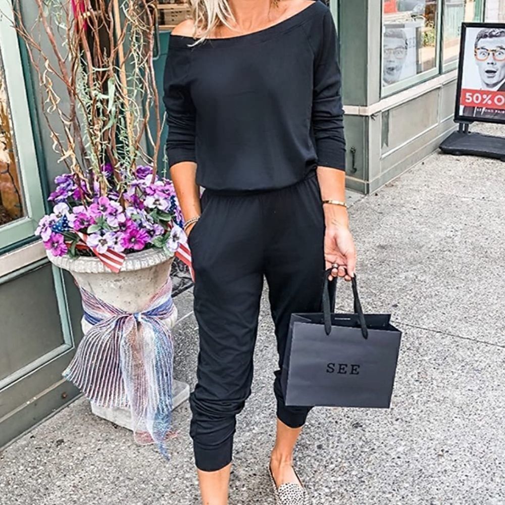 Long Sleeve Jumpsuit Crewneck One Off Shoulder Elastic Waist Stretchy Romper